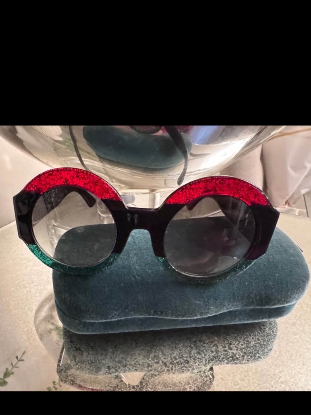 Authentic Gucci Round Glitter Frame Sunglasses in Red and Green